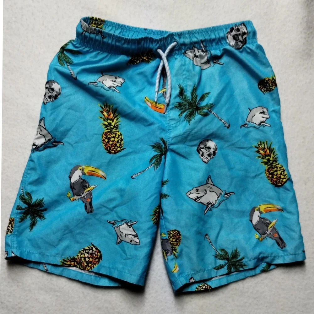 Wonder Nation Swim Trunks Tropical Toucan Shark Skull Print Kids Size‎ L
